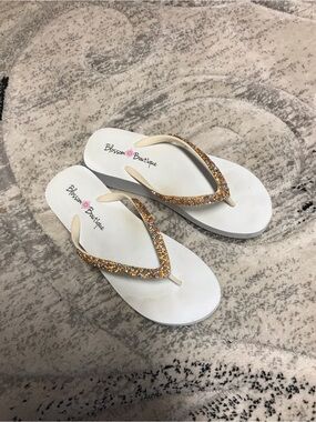White Flip Flop Sandals with Gold Sparkle Straps